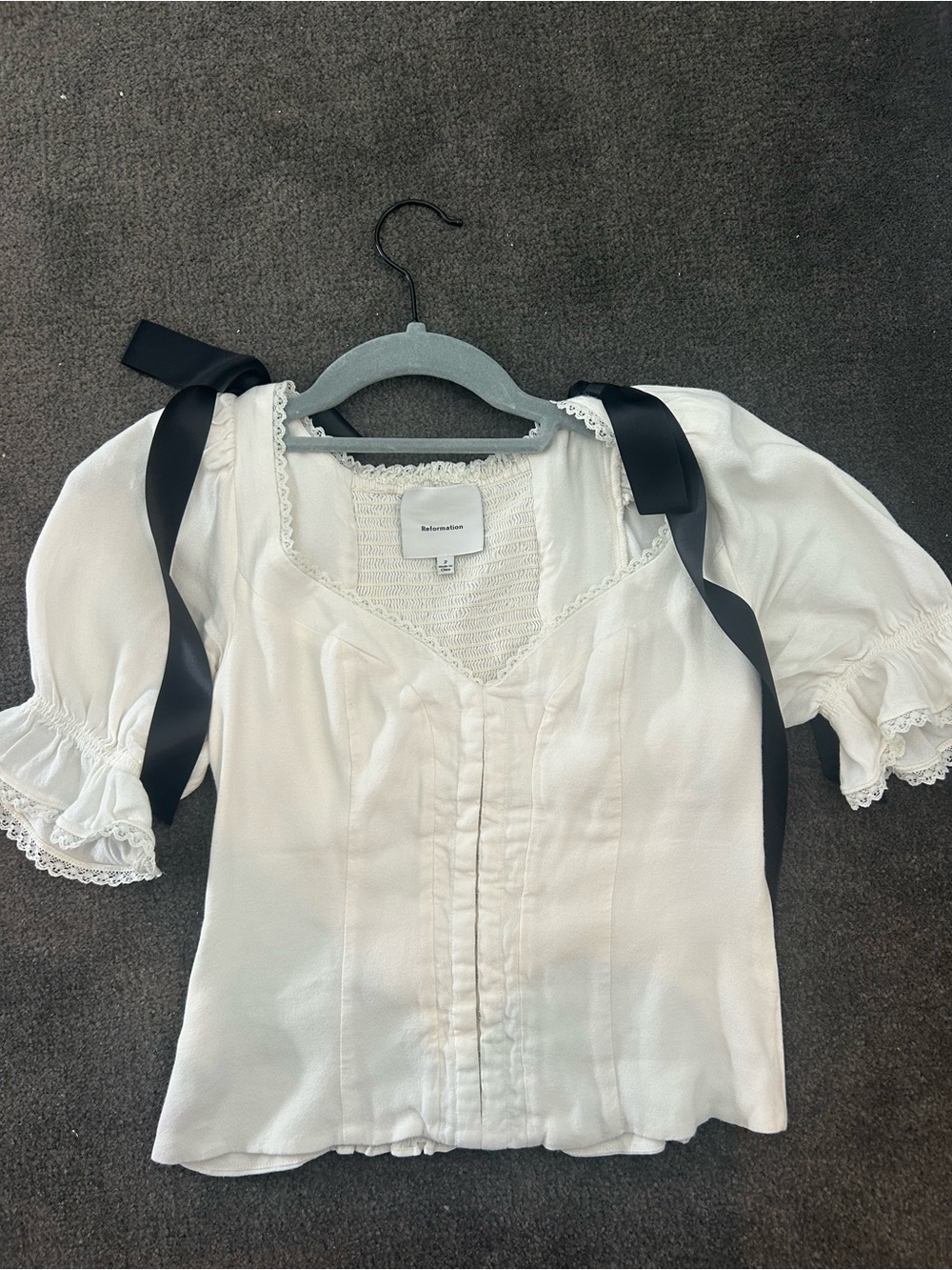 Reformation Puff Sleeve Blouse with Black bows